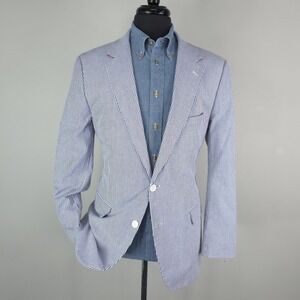 Alan Flusser Blazer Mens 42R Blue Stripe Cotton Seersucker Sport Coat Jacket